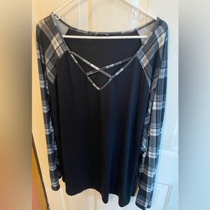 BloomChic Black Top with Plaid Sleeves